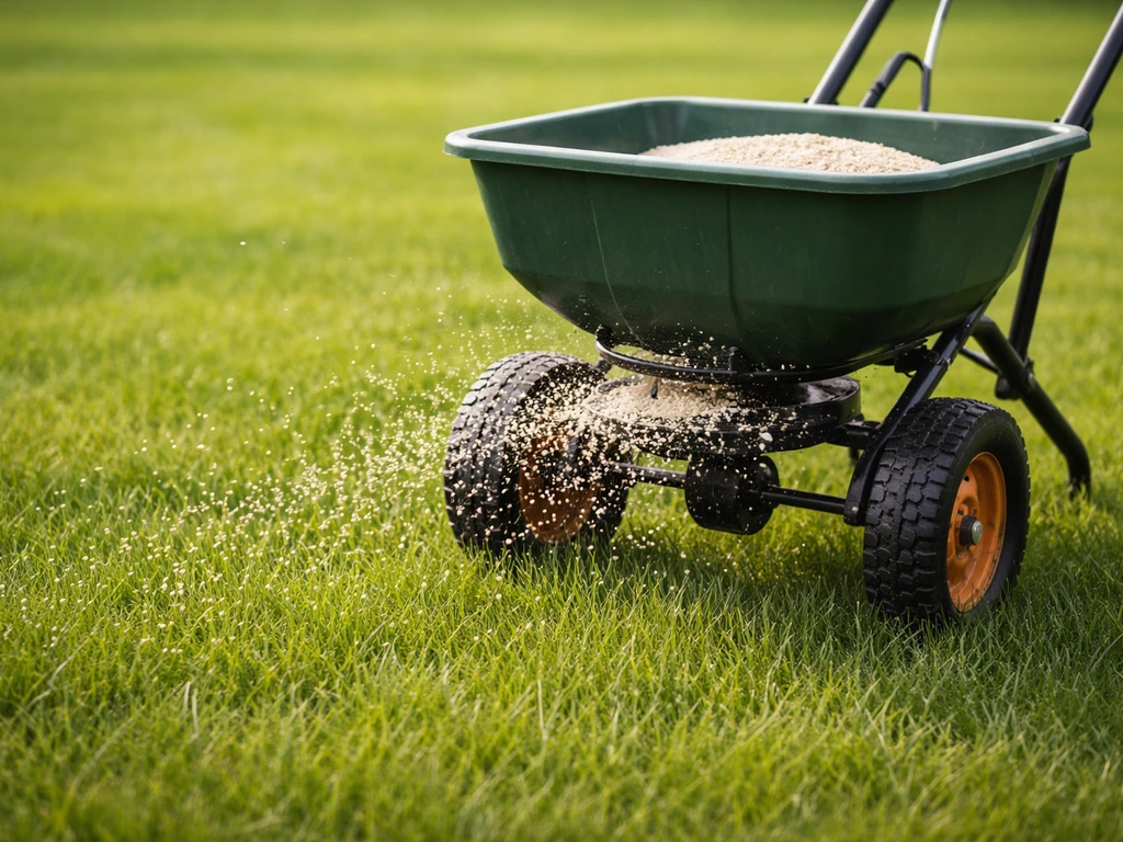 Strooier die korrelmest op een groen gazon uitstrooit tijdens bemesting in het voorjaar