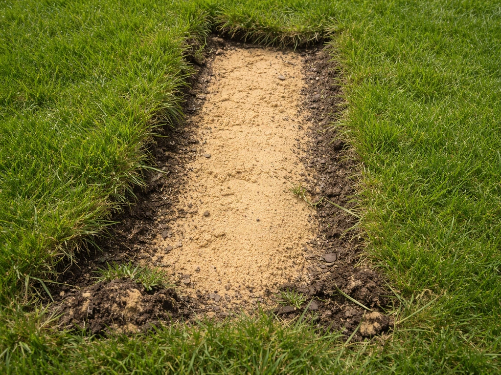 Bovenaanzicht van een gazon met weggeschoven gras en zichtbaar geel zand onder de grasmat.