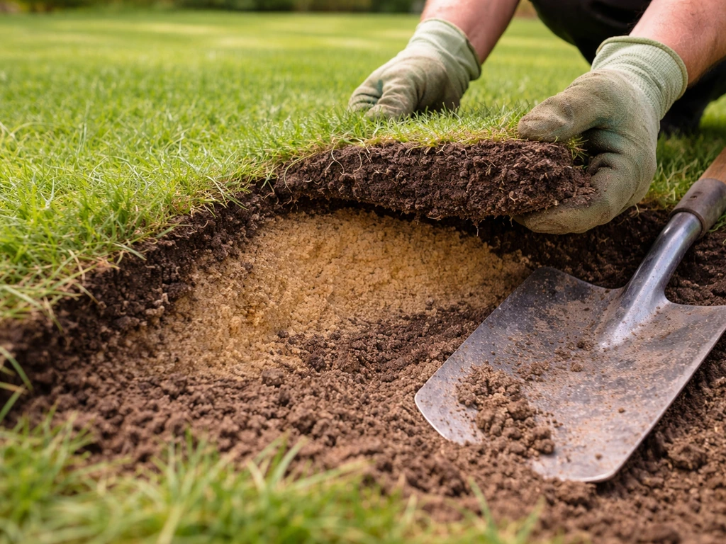 Tuinier die met schep een stukje gras wegsteekt en geel zand uit de bodem onder het gazon bekijkt