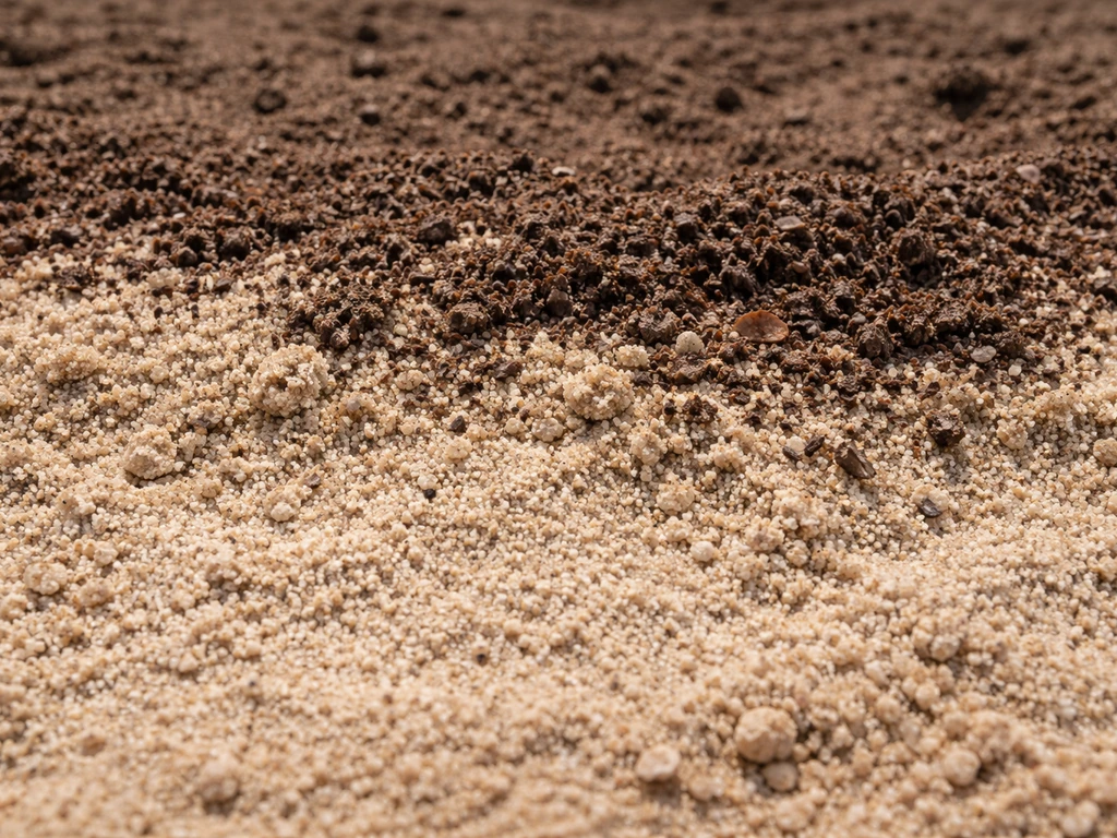 Close-up van lichte, arme zandgrond met weinig organische stof en een kleine compost/turfmolm-mengeling bovenin.