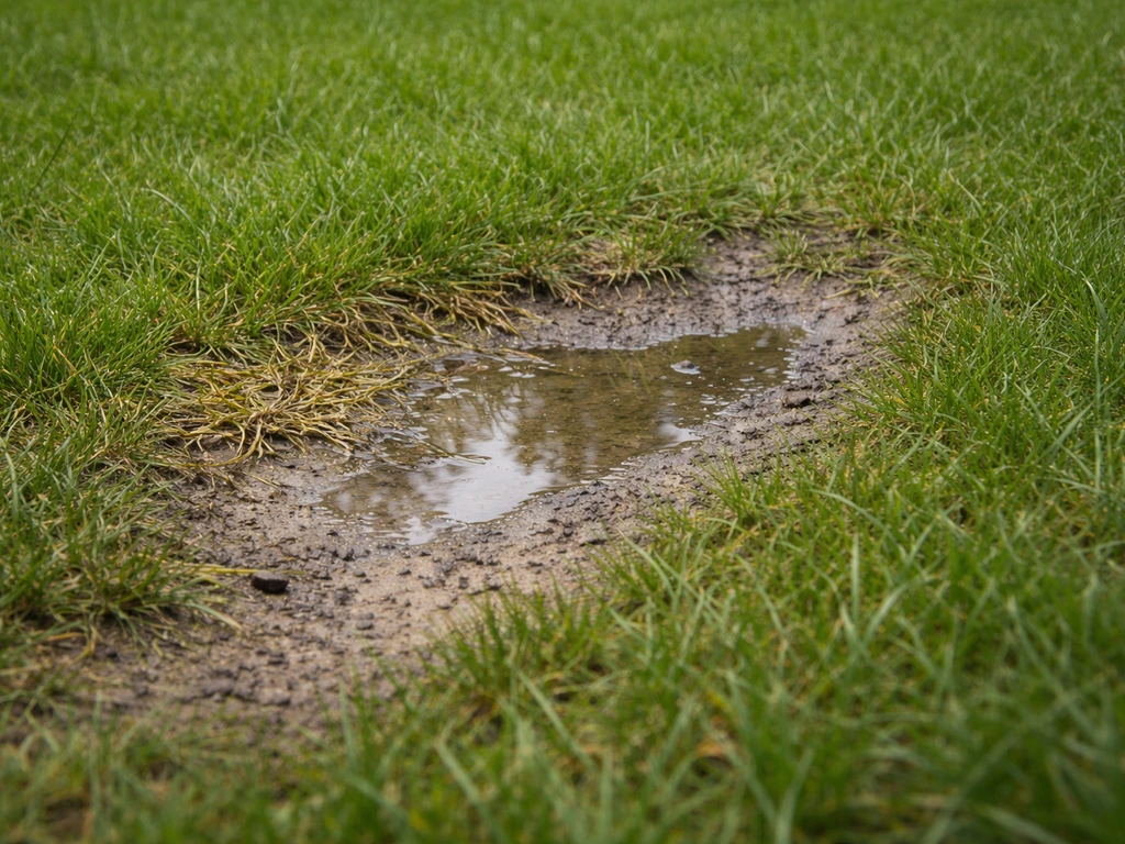 Nat en gelig stukje gazon met zichtbaar zand en water dat niet goed wegzakt.