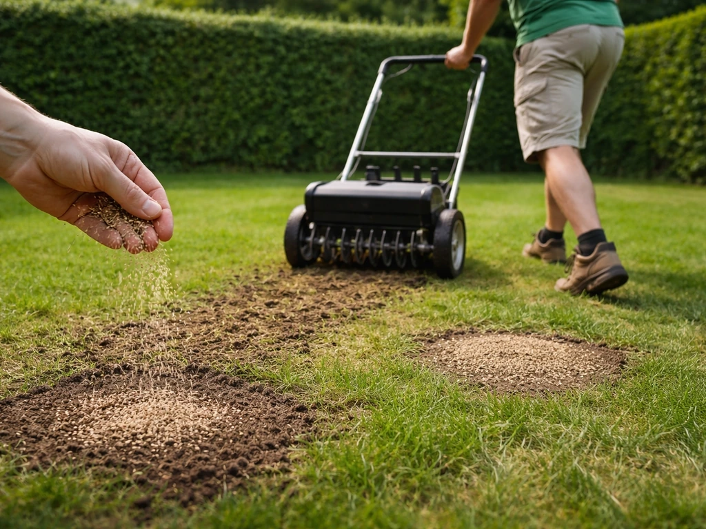 Man duwt een gazonbeluchter/verticuteermachine over het gras bij kale plekken, terwijl de grond licht wordt ingeharkt.
