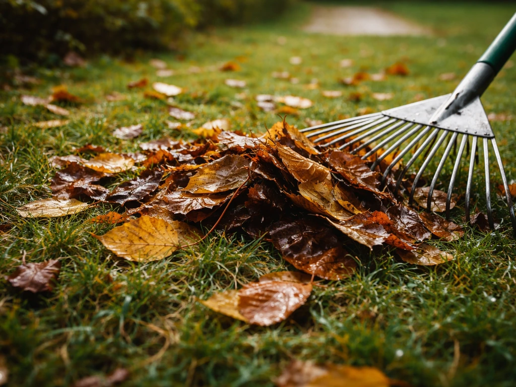 Herfstbladeren stapelen zich nat op het gazon tijdens het wekelijks schoonmaken, close-up van een harkmoment.
