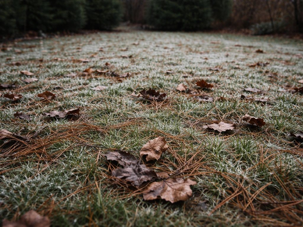 Vervuild wintergazon met bevroren gras en blad- en dennennaaldresten, zonder mensen