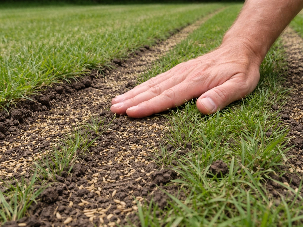 Close-up van een herstelde grasstrook met opengezaagde banen, verse grassprieten en een hand die zaad aandrukt.