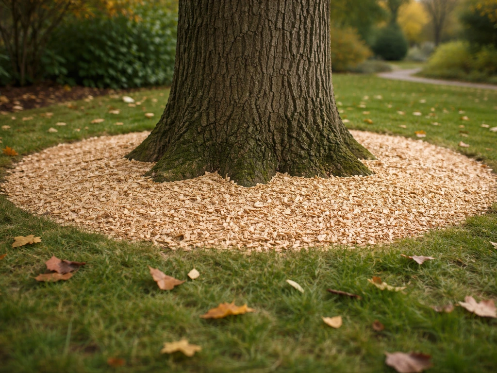 Grote boom met bladvrije strook met houtsnippers rond de stamvoet, weinig blad op het gras