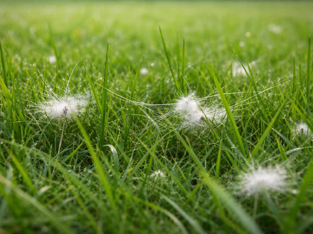 Close-up van gras met witte tot grijswitte pluizen en draden (mycelium) tussen de grassprieten.