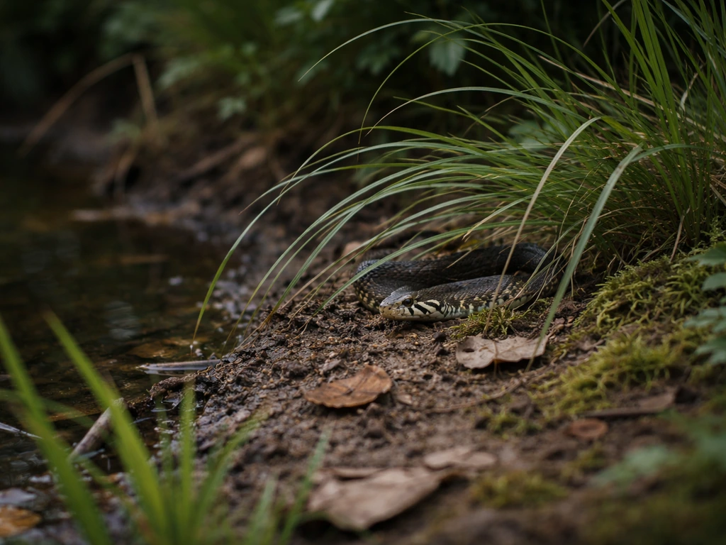 Fotorealistische tuinrand in Nederland met vijverachtige begroeiing; een slang ligt verscholen tussen het groen