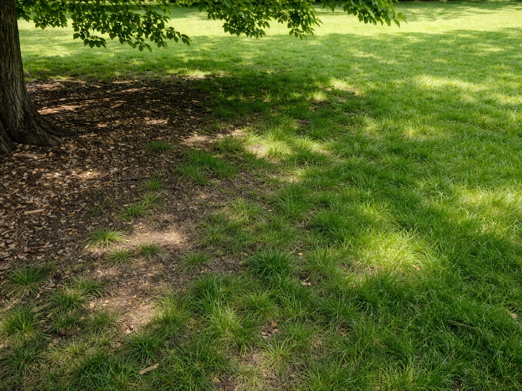 Schaarse grasgroei onder een bladrijke boom met duidelijke schaduwvlekken en ongelijk groen resultaat.