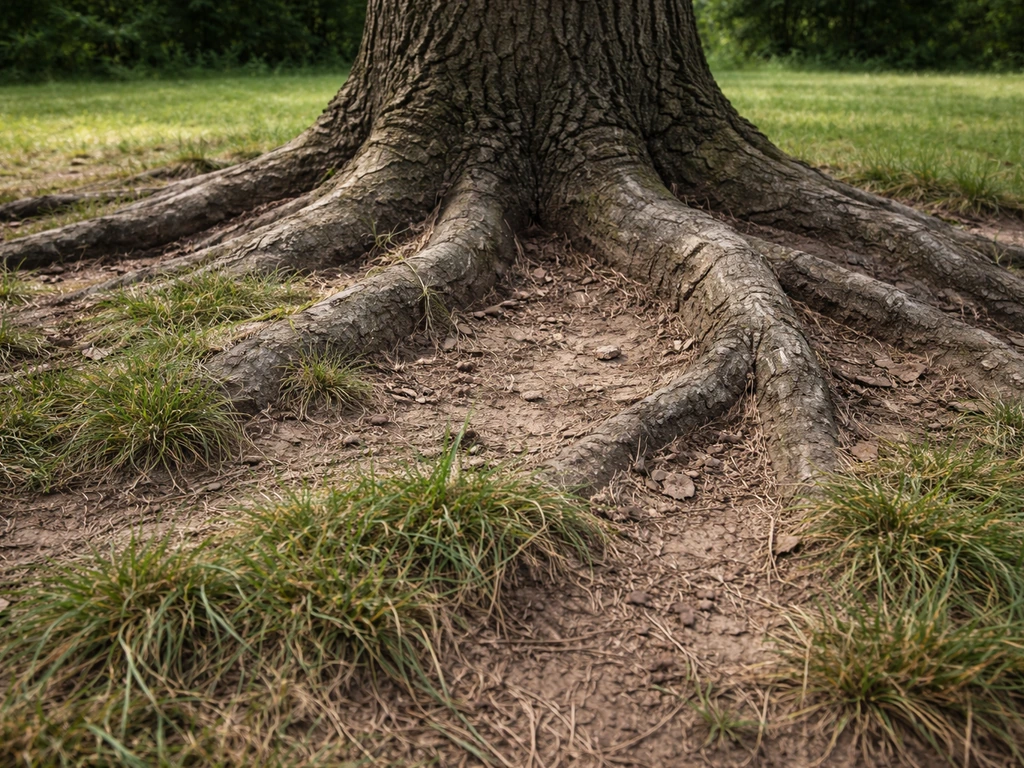 Boomvoet met verhoogde bultjes door wortelopdruk en rafelig, afbrekend gras rond de wortels.