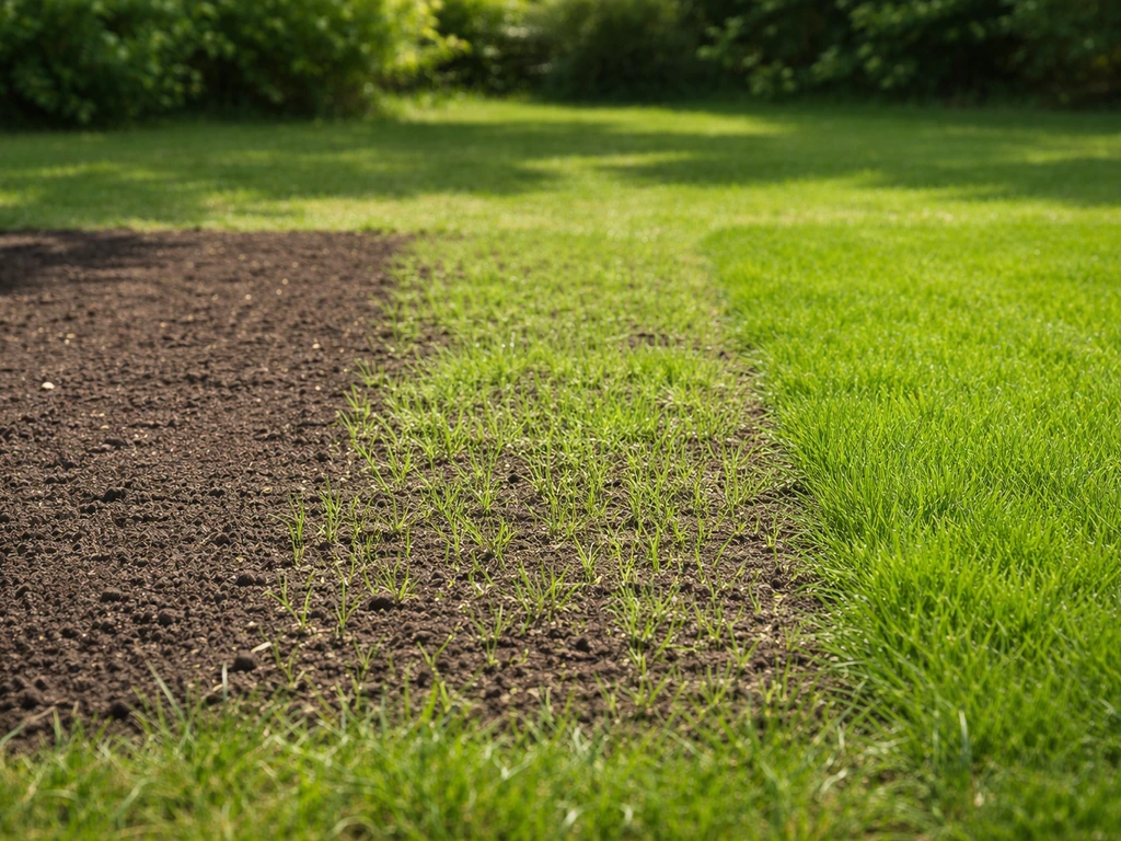 Gazon met drie groei-fasen: vers bijgezaaid, kiemplantjes en daarna een dichte grasmat.