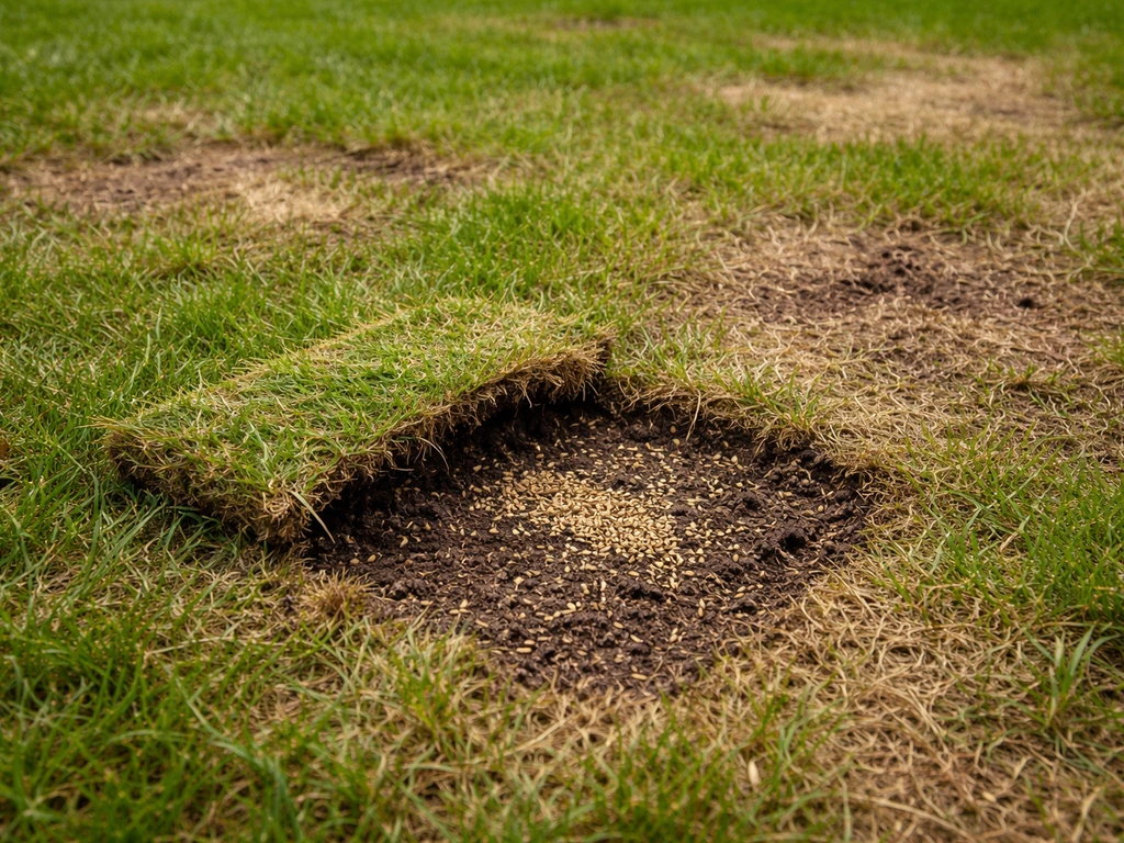 Kale en bruine plekken op een Nederlands gazon met open grond, herstelzone en verspreid graszaad.