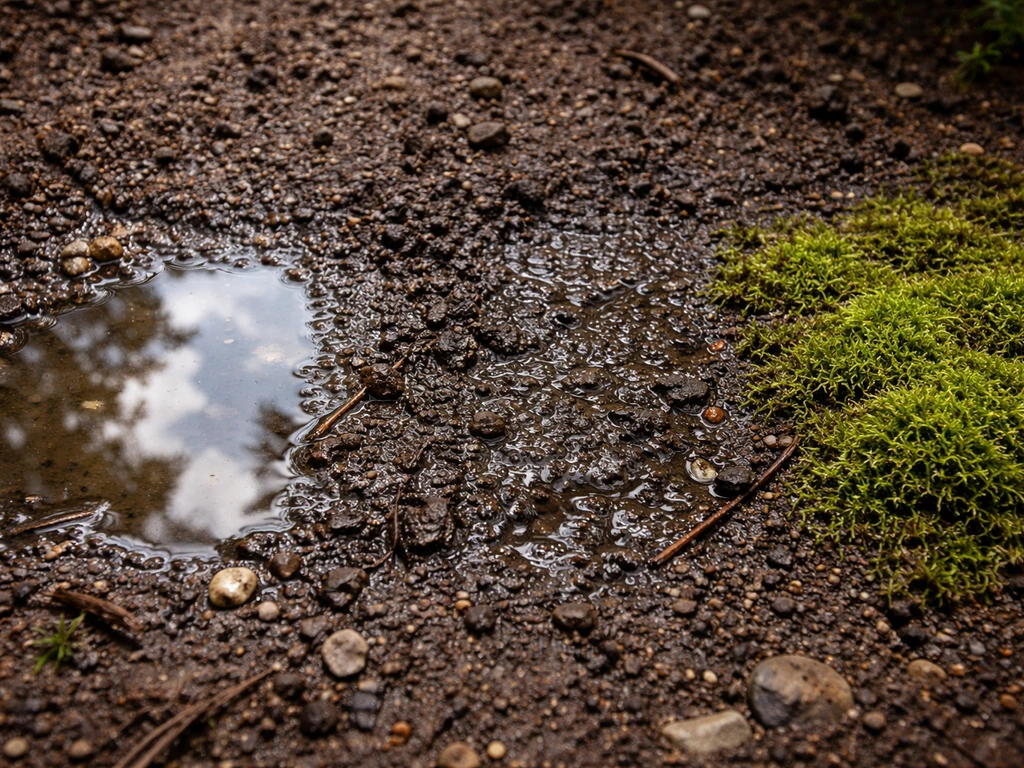 Close-up van tuinbodem met een waterplas, modderige plek en mosgroei naast elkaar
