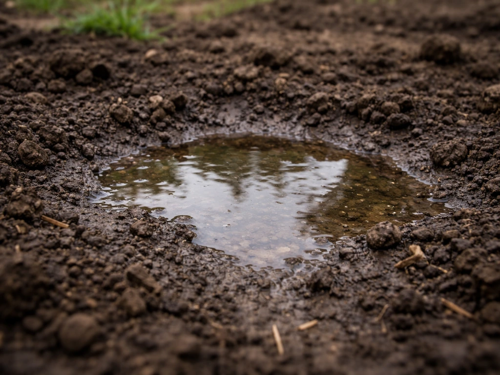 Heldere plas water blijft staan in een lage tuinplek op kleigrond, wijst op slechte afwatering.