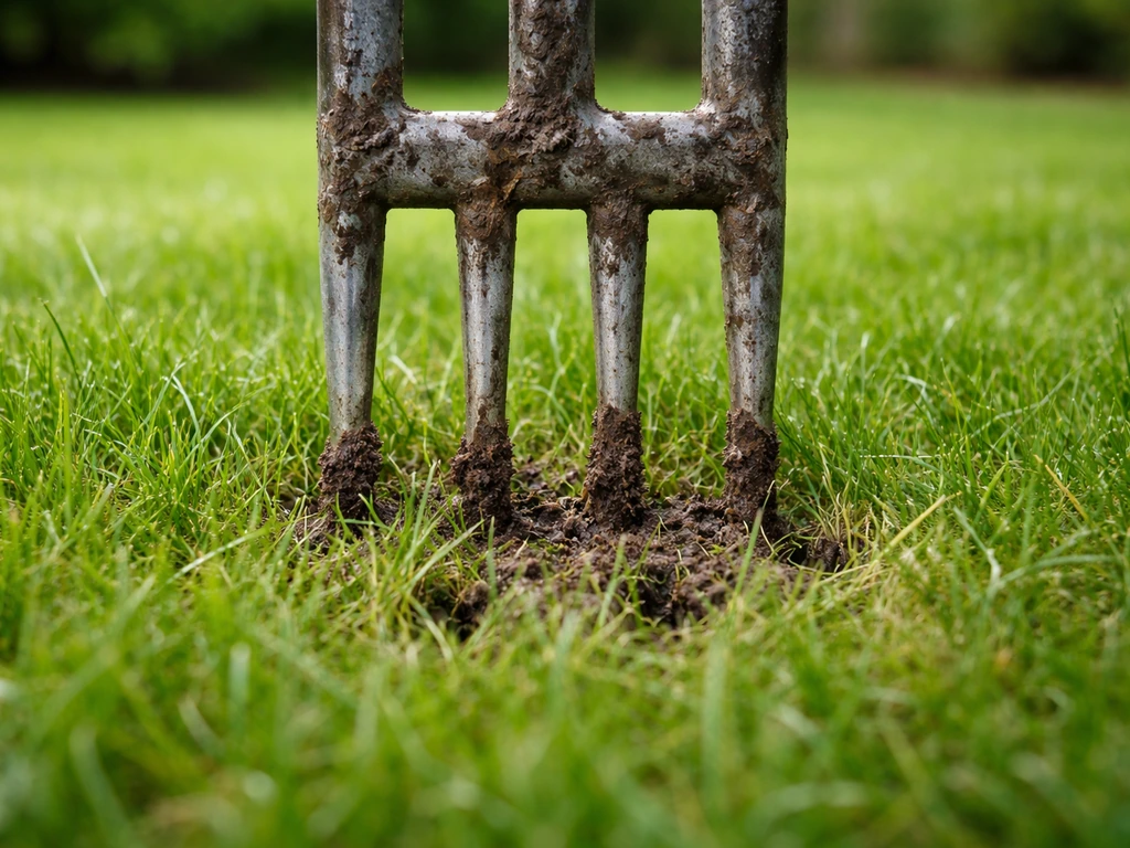 Close-up van een beluchtingsvork die gaten prikt in vochtige graszode op een gazon
