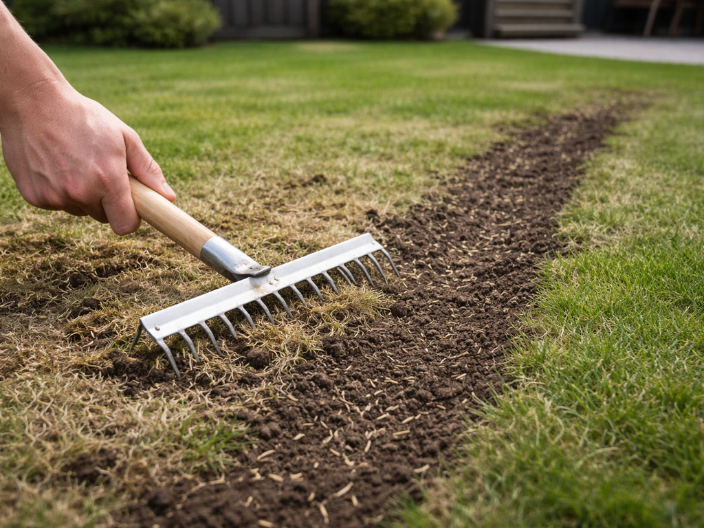 Tuinman die met een verticuteerhark kale grasplek schraapt en daarna een doorgezaaide strook aanlegt