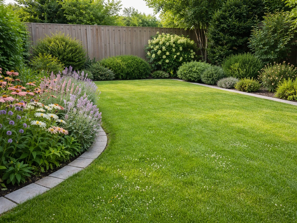 Overzicht van een verzorgde Nederlandse tuin met gazon, strakke borders en een bloemstrook.