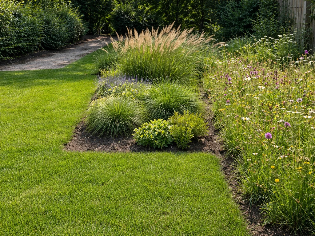 Kleine tuin met drie vakken: klassiek gazon, siergrassen/border en een bloemrijk veldje, van dichtbij en overzichtelijk.