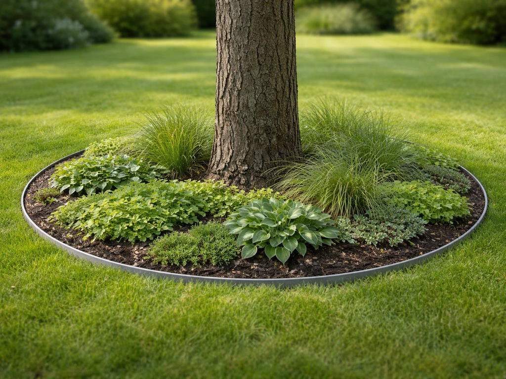 Groene boomspiegel met beplantingsring rond een boomstam, nette overgang tussen gazon en beplanting.