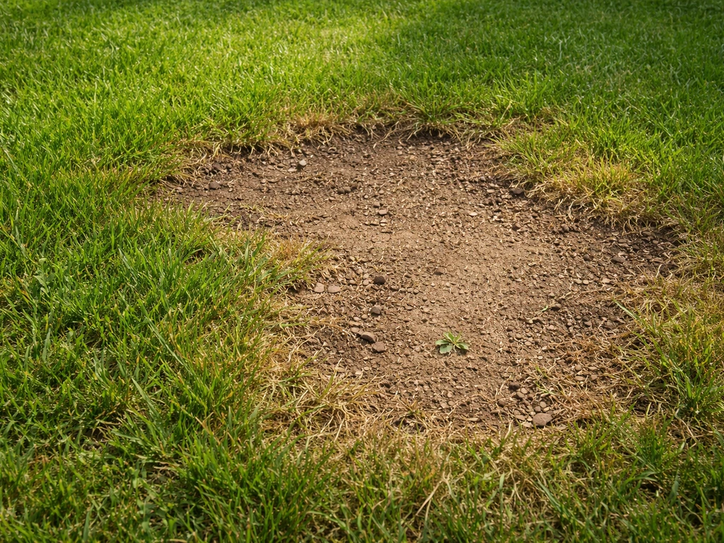 Close-up van bruine en kale plekken in een gazon, met zichtbare bodemstructuur en open stukjes.