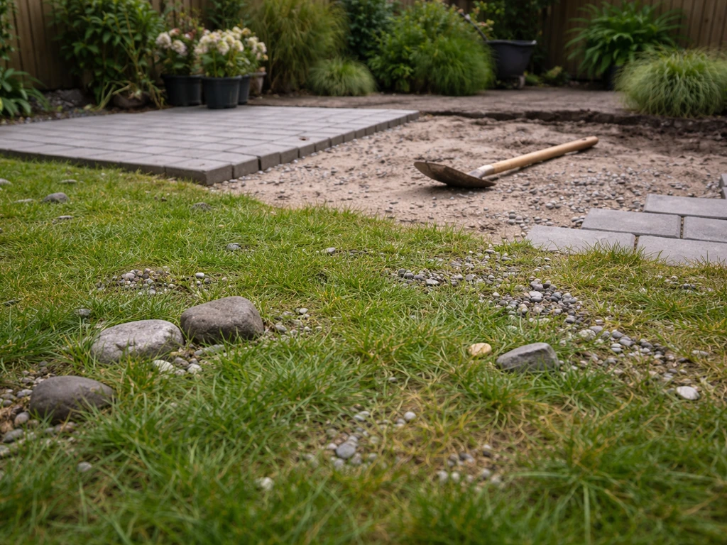 Gras met verspreide stenen en grindresten in een tuin waar bestrating/netto aanleg plaatsvindt.