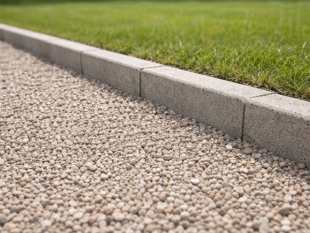 Rand van een grindpad met betonnen randstenen als duidelijke barrière richting gazon