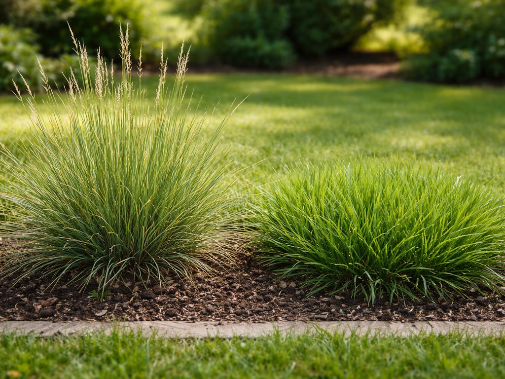 Close-up van twee soorten gras in huiselijke tuinsetting: esparto-achtig draadachtig versus dicht gazongras.