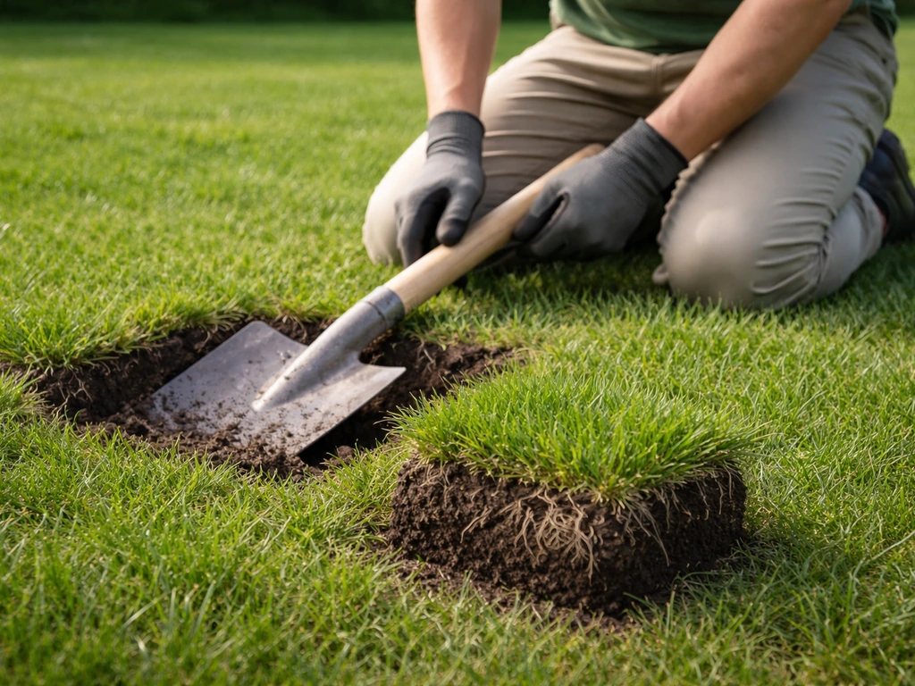 Anonieme tuinier steekt een klein polletje uit met een spade; uitgegraven zode met zichtbare wortels.