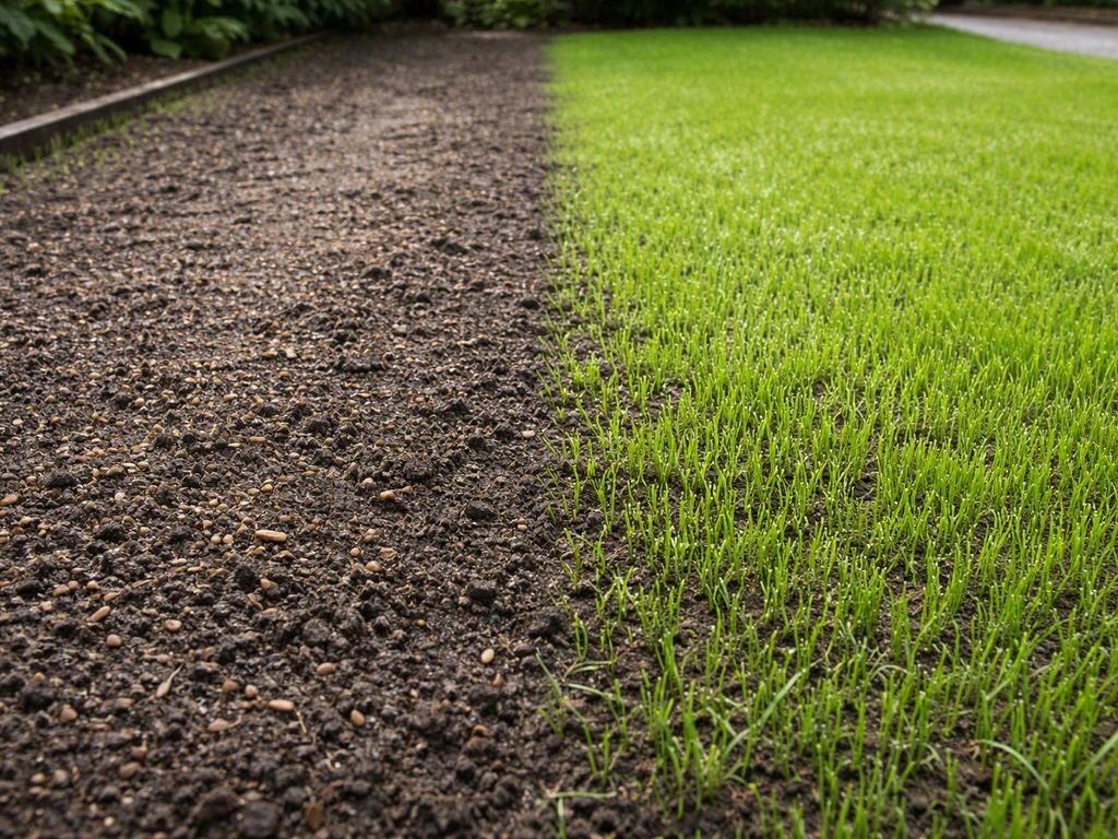 Doorgezaaide gazonstrook met jonge gras-spruiten, licht aangedrukt en besproeid in een rustige achtertuin.