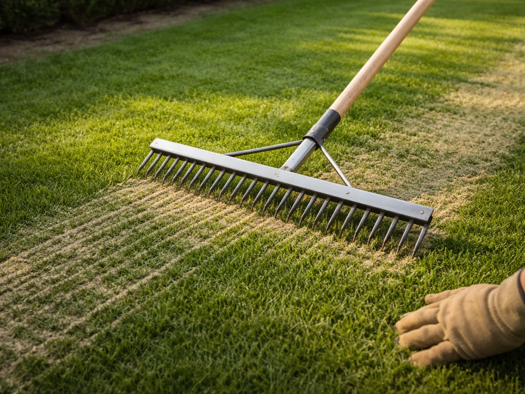 Tuinier schuift met brede gazonhark voorzichtig een dunne laag zand van het gras, zonder de grasmat op te trekken.