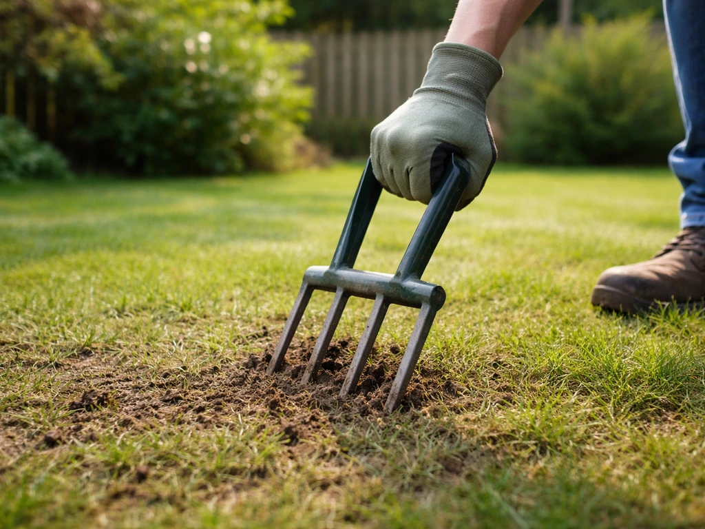 Tuiner die de grond prikt met een beluchtingsvork; gazon oogt egaler na bodemherstel.