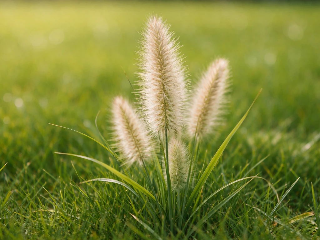 Close-up van schoenpoetsers gras met borstelachtige bloempluimen en blad/halmstructuur in het gazon.