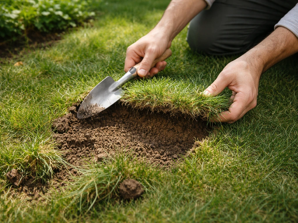 Bovenaanzicht van een gazonplek met een tuinschepje en een inspectie van bodem en vocht/verdichting.