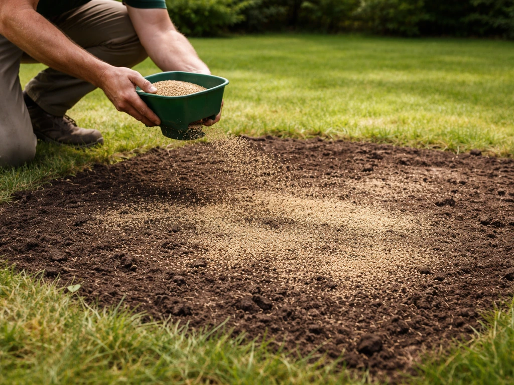 Handen en een kleine zaadstrooier die nieuw graszaad uitstrooit op een kale plek in het gazon