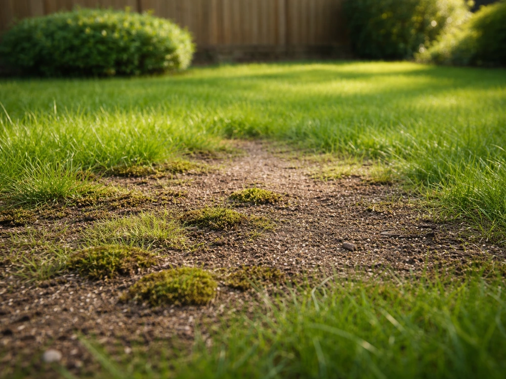 Herstellend gazon met zichtbare overgang van mos en kale plekken naar frisgroen gras in de tuin.