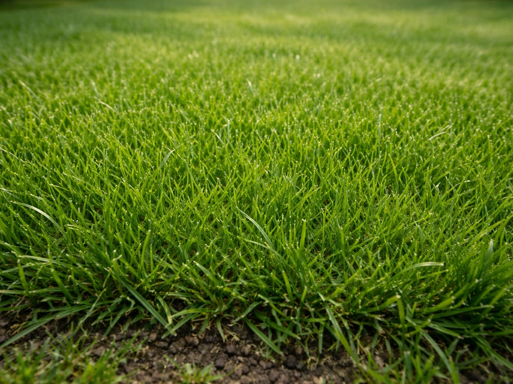 Close-up van een dichte, gezonde grasmat met aansluitende groene grassprieten in een rustige tuin.