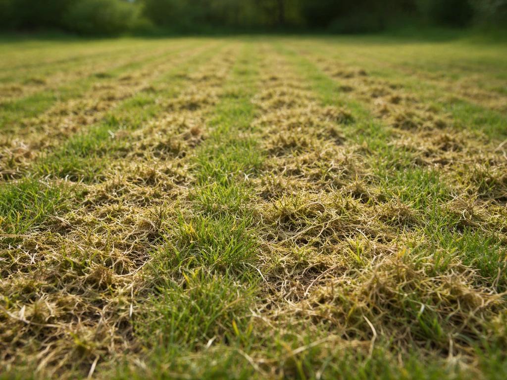 Frontale close-up van pas verticuteerde grasmat met zichtbare losgekomen mos- en viltresten.