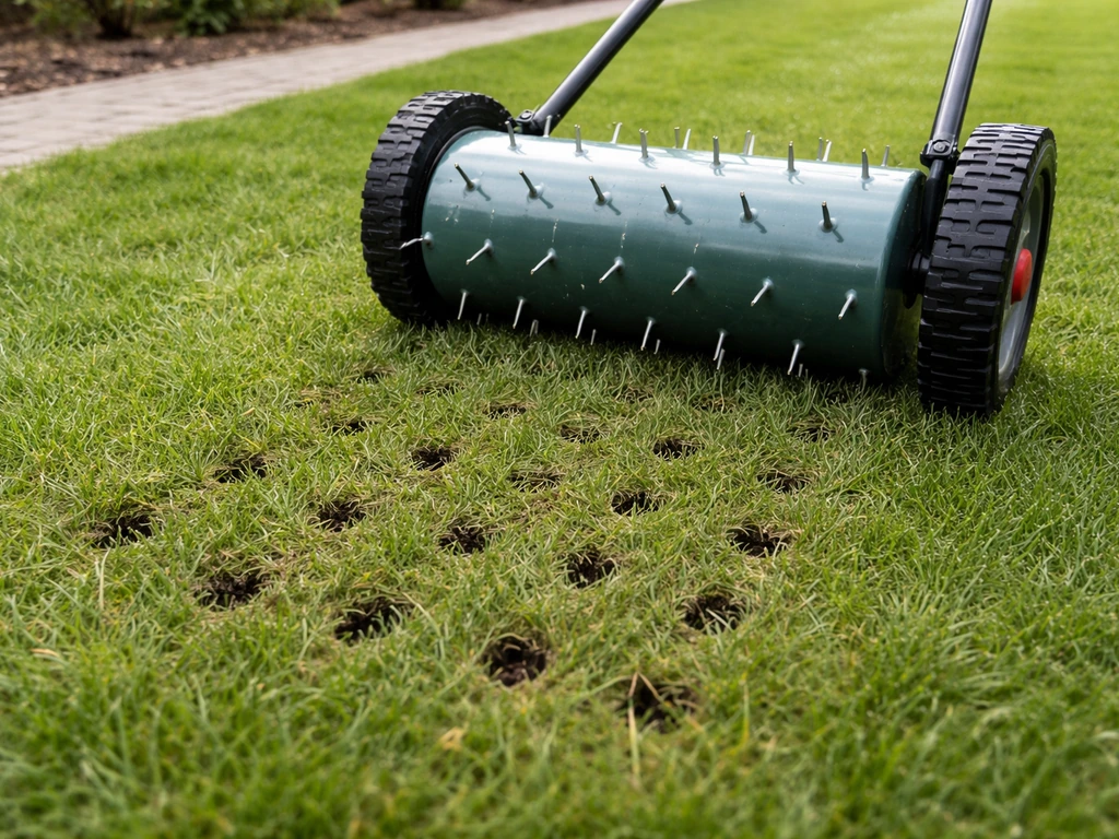 Tuinbeluchter/prikroller die in een gazon wordt gerold met kleine gaten voor lucht en water