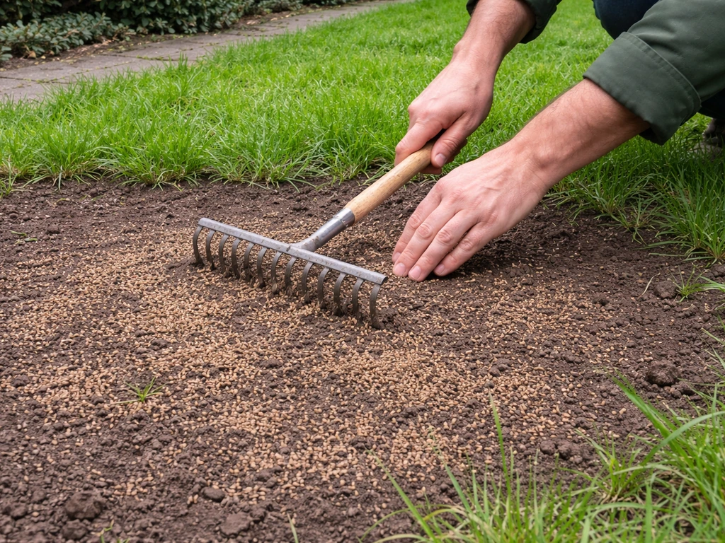 Handen met hark die graszaad in een kale plek in de tuin uitstrooit en licht inwerkt.