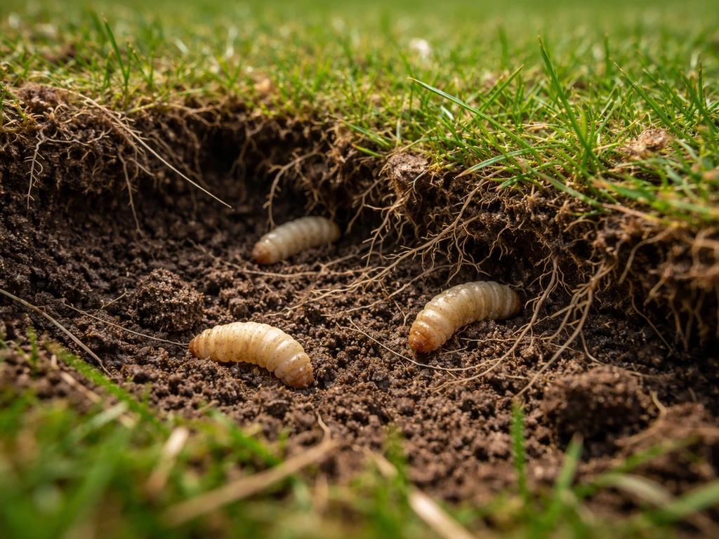 Close-up van graswortelzone met lichte vraatschade en een paar zichtbare emelten-larven in de grond