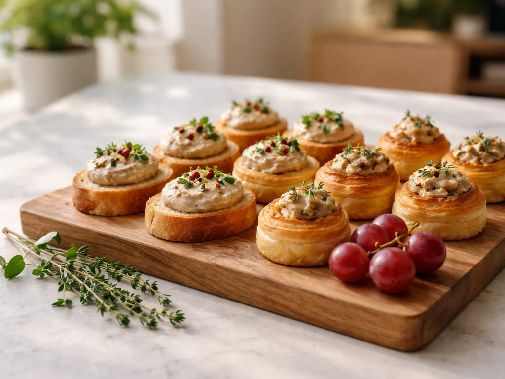 Aperitiefplank met crostini en bladerdeeghapjes met faux gras, mooi opgediend op tafel.
