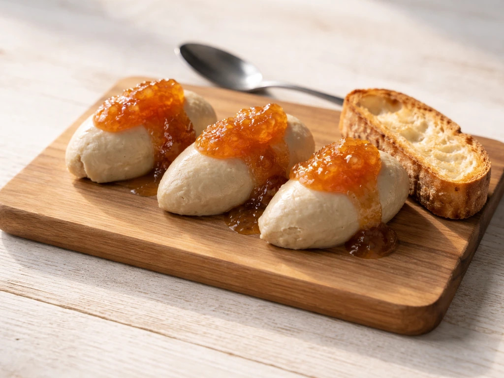 Quenelles van faux gras op een bord met vijgen-abrikozenjam en geroosterd brood, stijlvol geserveerd.