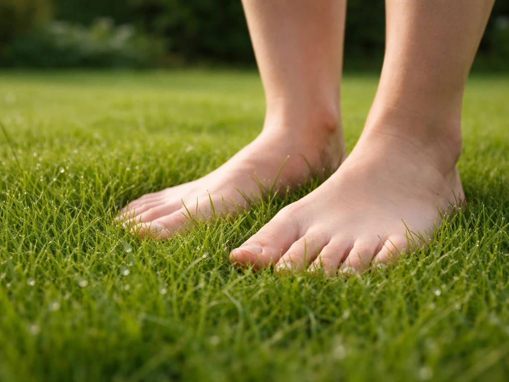 Blote voeten die op een groen, zacht gazon staan bij daglicht, met een rustige tuinomgeving.