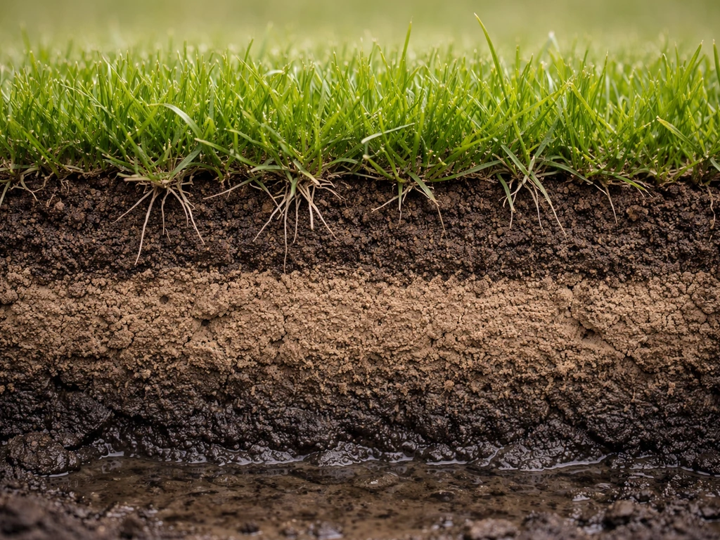Fotorealistische doorsnede van gras met wortels in verdichte bodem en vochtige, zuurstofarme onderlaag.