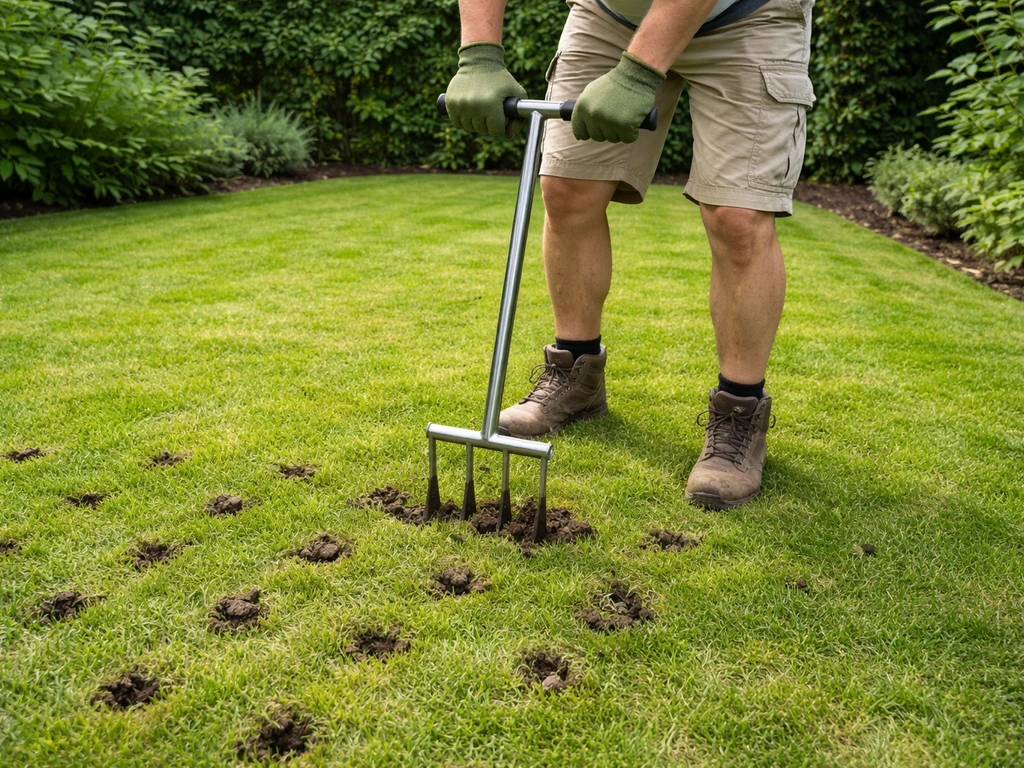Man belucht het gazon met een beluchtingsvork; je ziet gaatjes in het gras en losgekomen aarde.