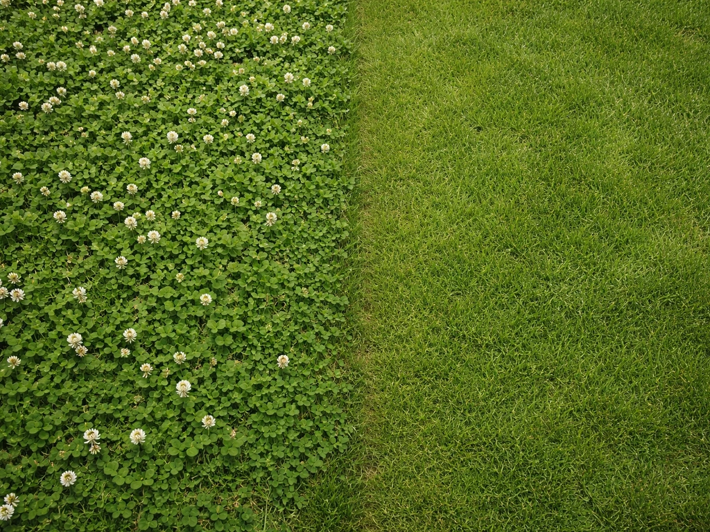 Twee stroken gazon: links dicht met witte klaver, rechts hersteld met meer gras en minder klaver.