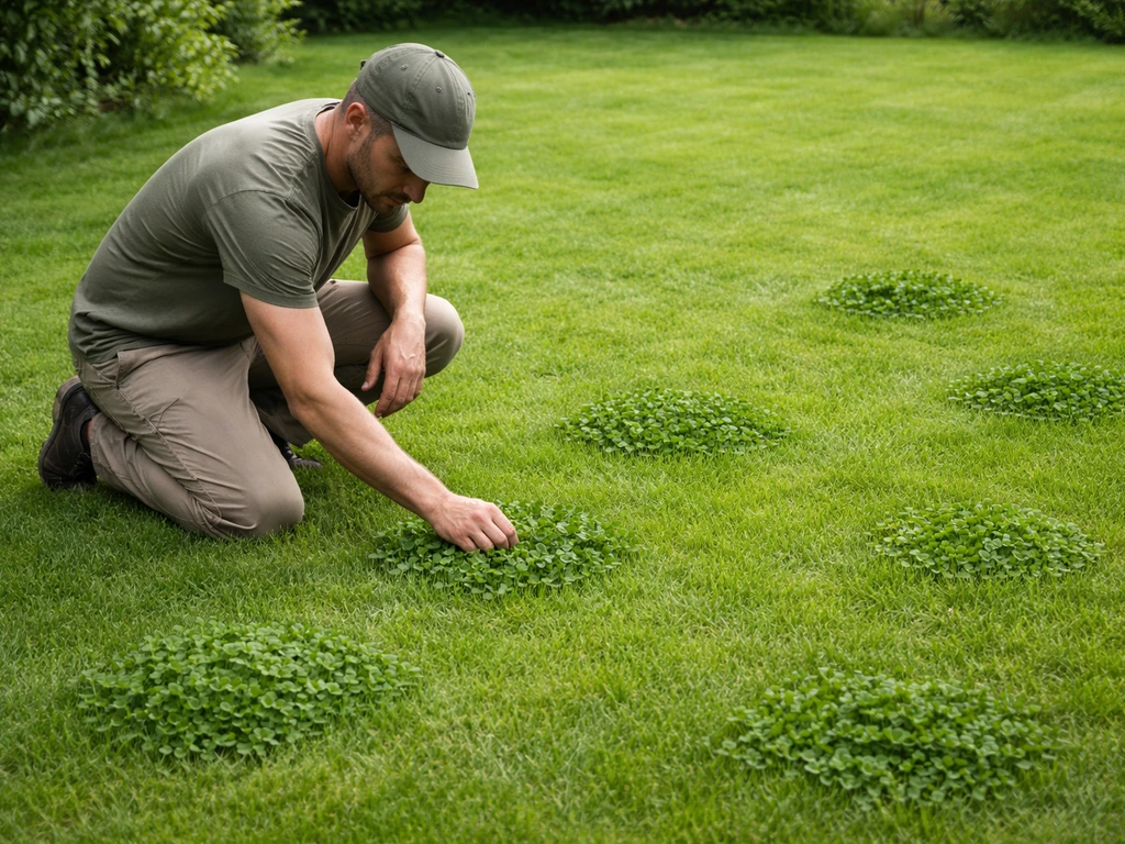 Tuinier loopt door een egaal gazon met kleine klaverplekken, klaar om ze individueel uit te steken