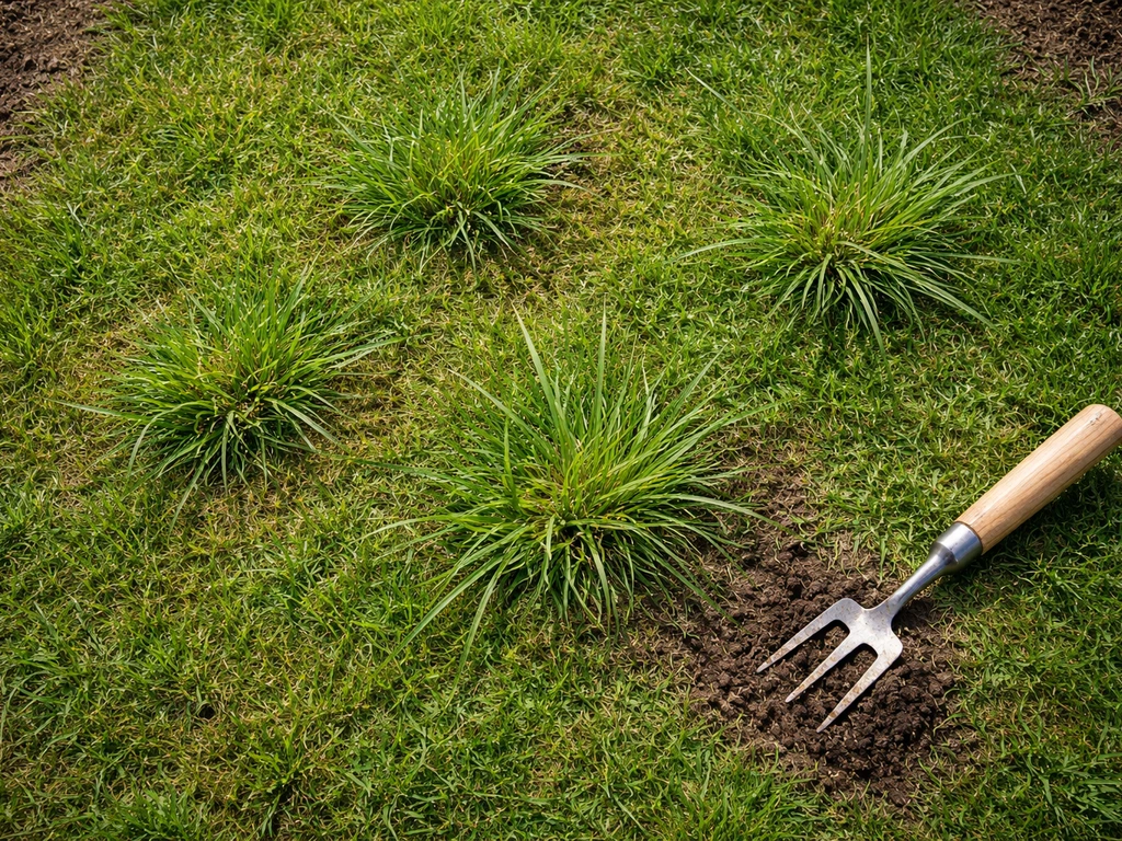 Bovenaanzicht van een grasmat met woekergrasplekken en een kleine onkruidsteker om het uit te steken.