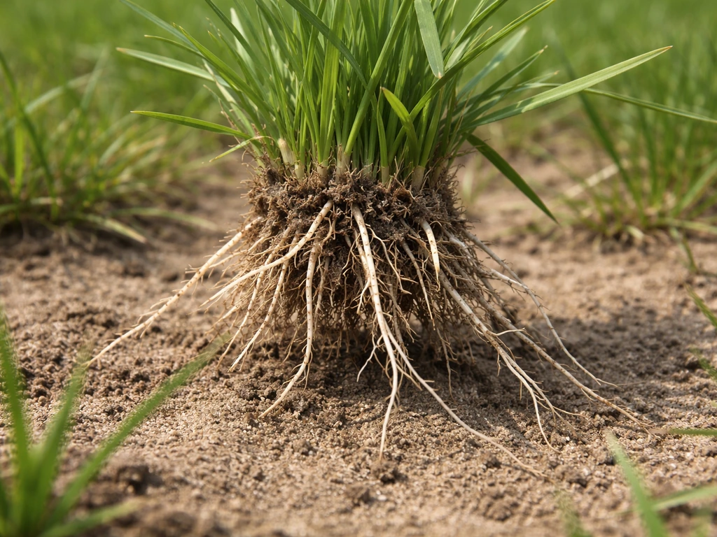 Close-up van een uit de grond getrokken pol gras met witte draadachtige wortels en uitlopers.