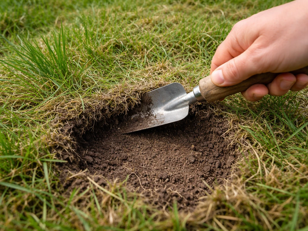 Close-up van een hand die de toplaag wegschraapt; bruine verdichte bodemlaag wordt zichtbaar in gras.